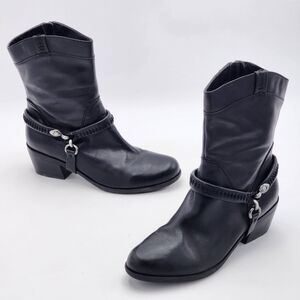 B. Makowsky Hudson Western Moto Harness Leather Heeled Boots Black Size 8.5